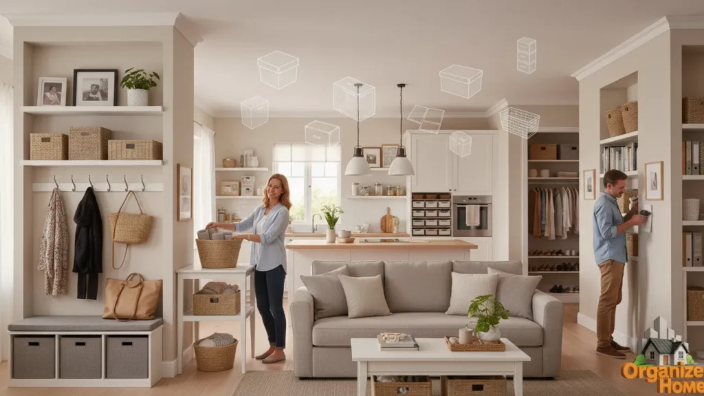 Person standing in living room with organized shelves