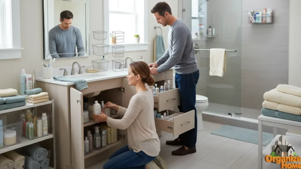Family organizing kitchen together using simple systems