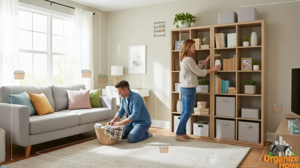 Family organizing items in a shared living space