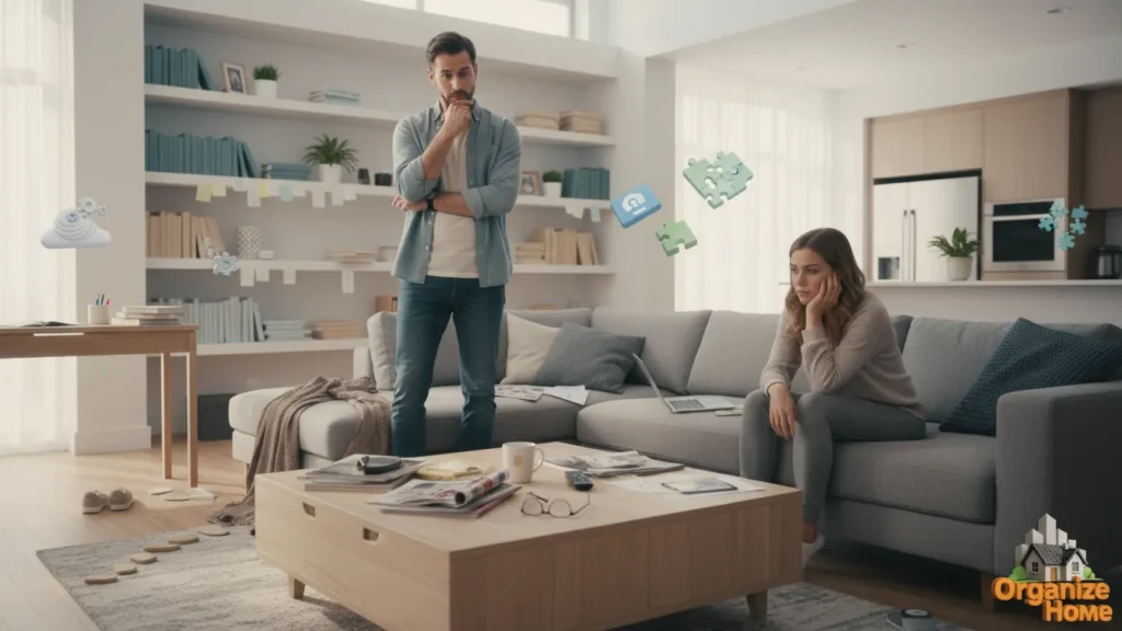 Person standing near organized shelving and storage