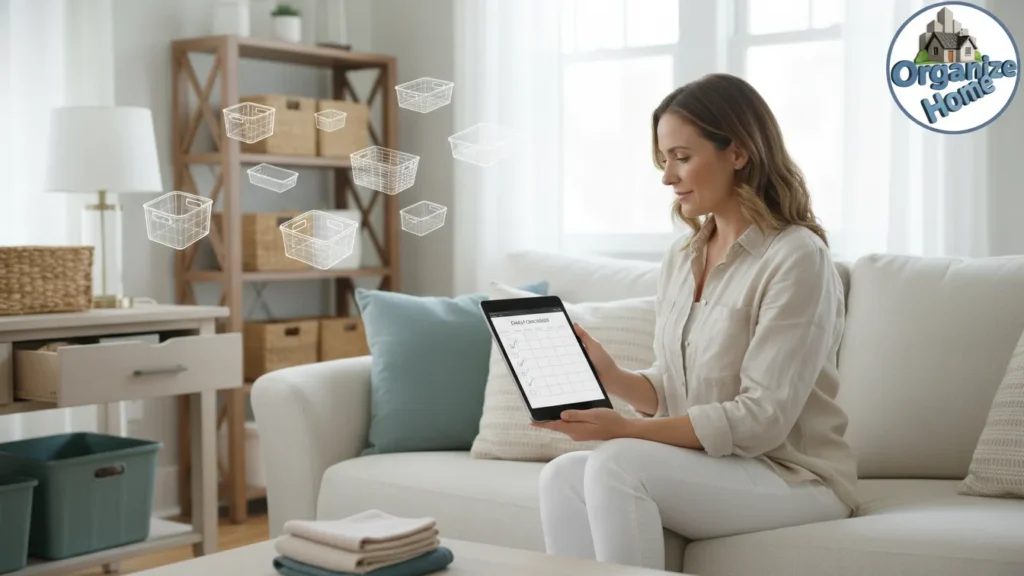 Person using laptop in an organized living space