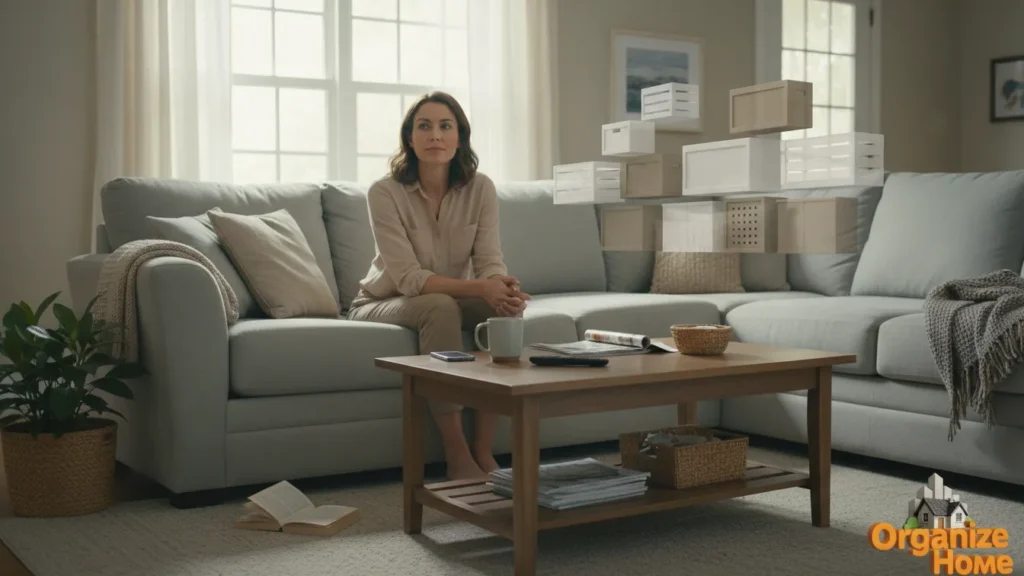 Person kneeling on floor organizing storage items
