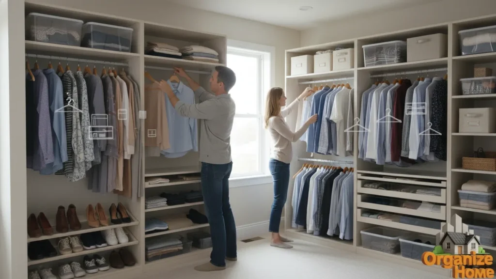 Person arranging clothing in a walk-in closet