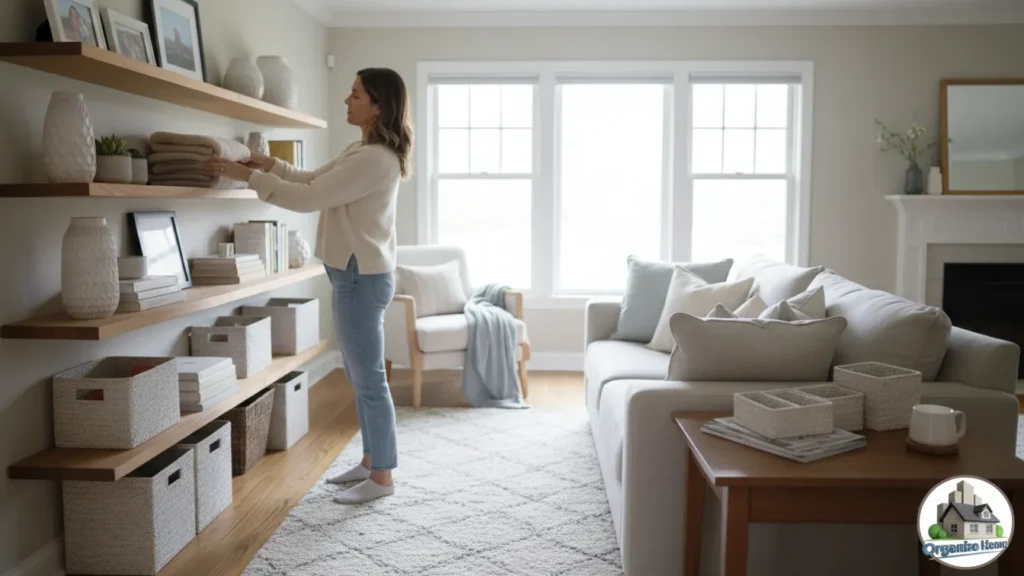Person organizing a bookshelf in the living room;