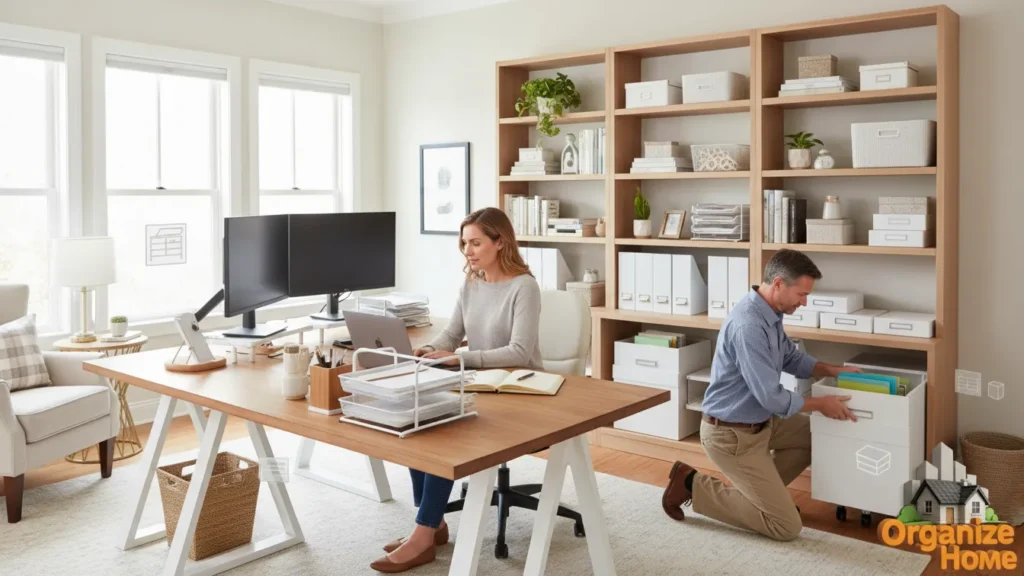 Person working at table in a tidy and organized room