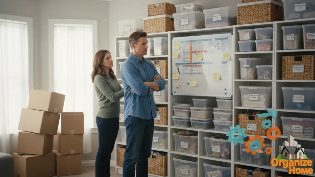 Person organizing wall-mounted storage system