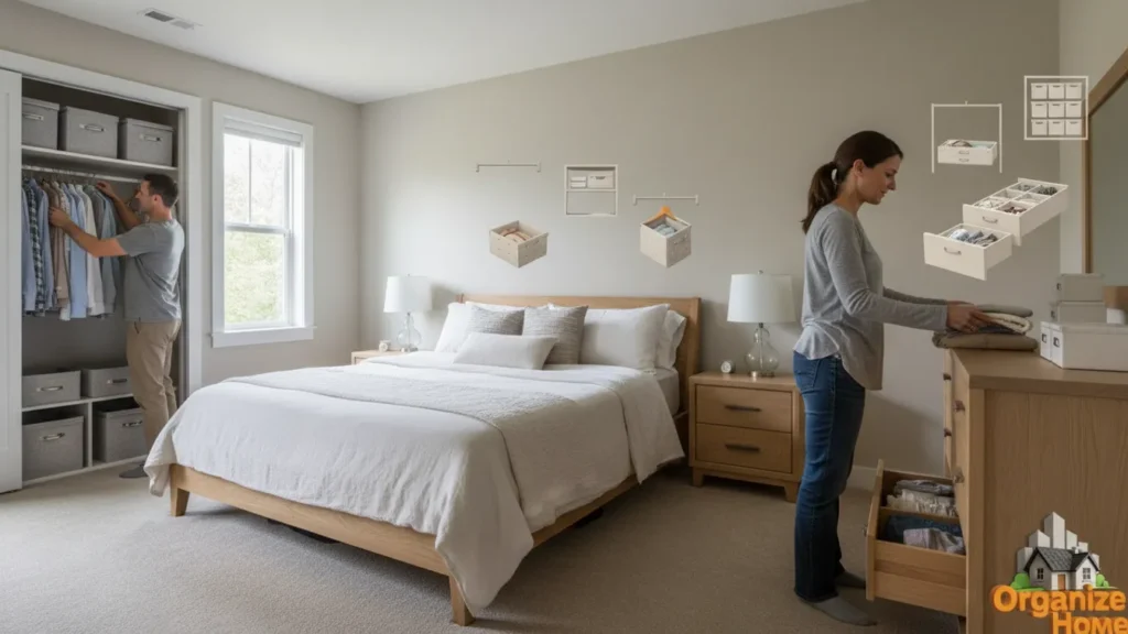Couple standing in bedroom discussing organization plans