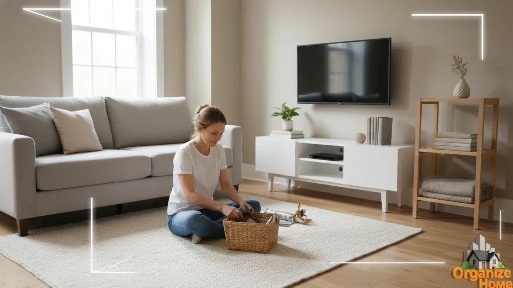 Person sitting on floor organizing items into boxes