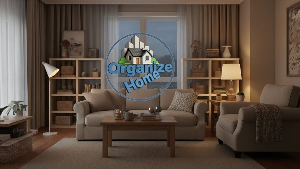 Living room with shelving and organization symbols