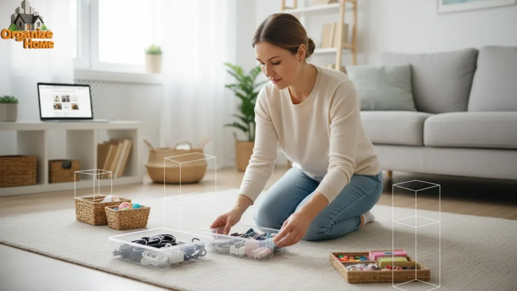 Person organizing items on bed during decluttering