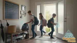 Family organizing living room with storage furniture