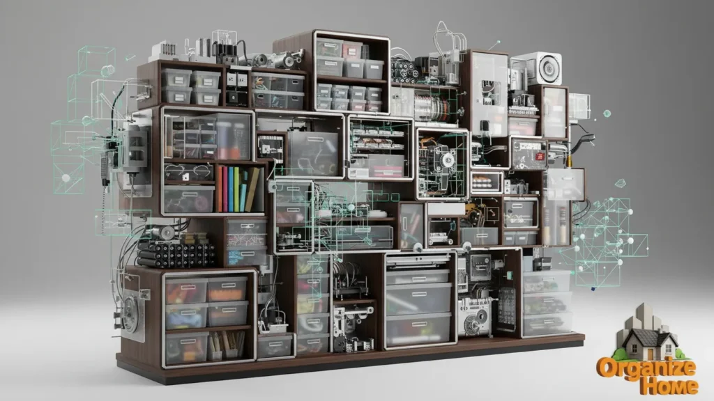 Storage shelves filled with labeled boxes and containers