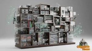 Storage shelves filled with labeled boxes and containers