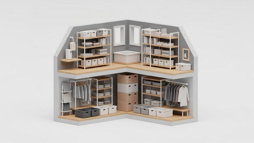 Pantry organization with shelves and labeled containers
