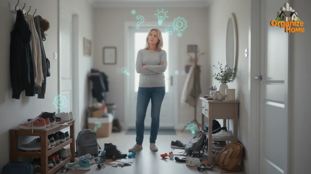 Person standing in a room assessing clutter and organization needs