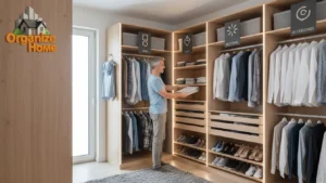 Walk-in closet with organized clothing and storage