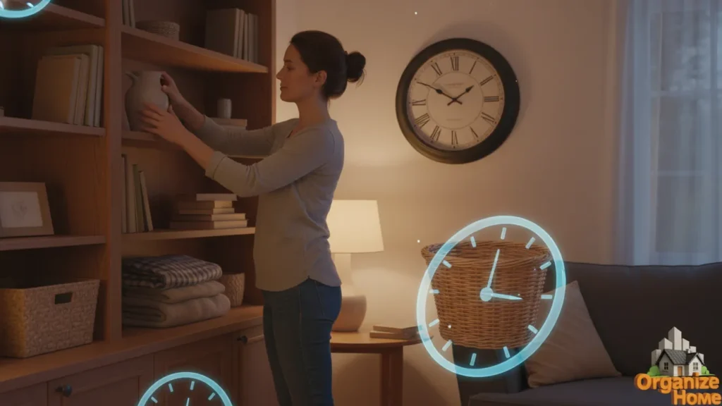 Person checking wall clock while organizing living space