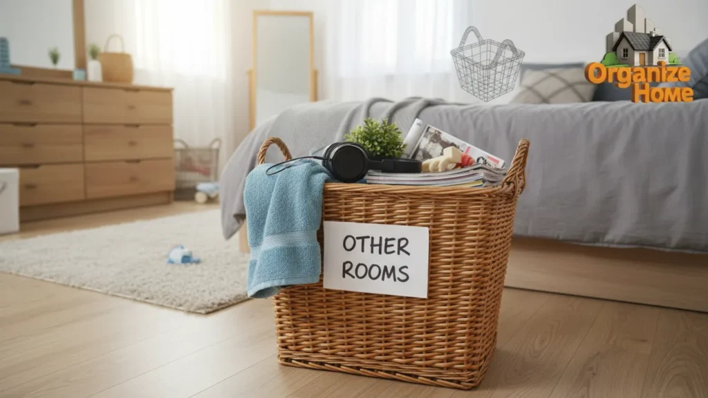 Storage baskets labeled for home organization