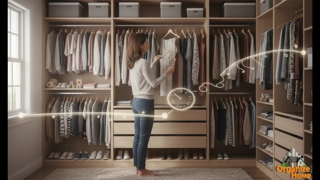 Person walking through organized living room space
