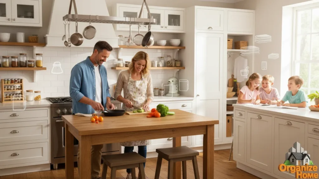 Family organizing kitchen together around dining table