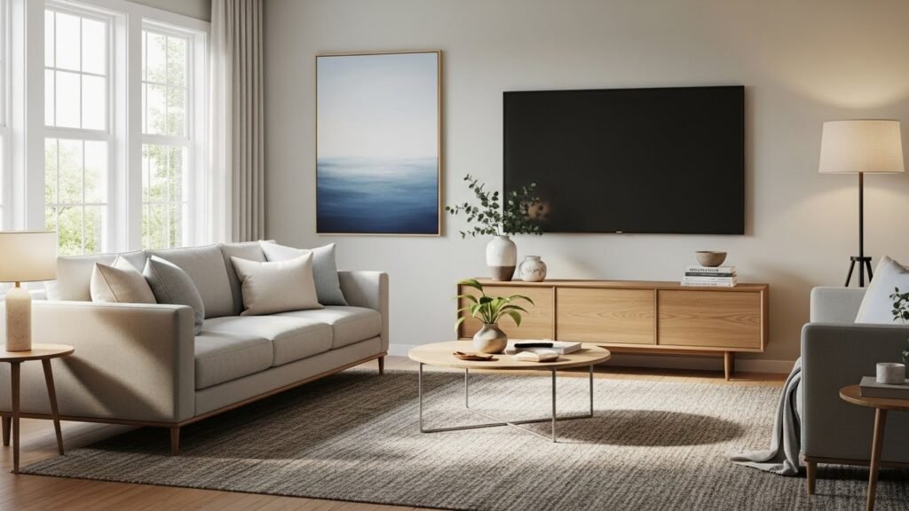 Minimalist living room with simple organization and clean layout