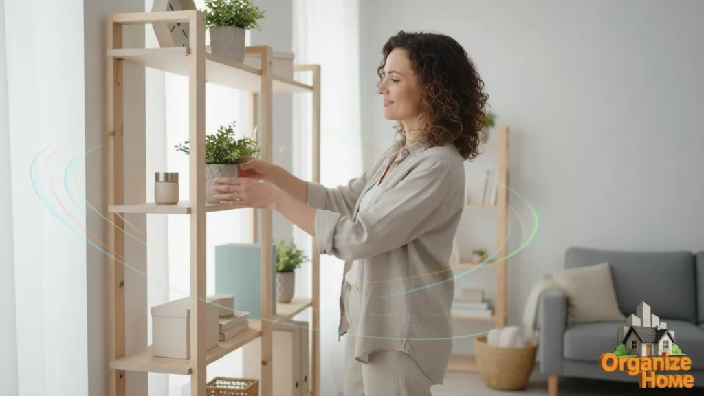 Woman adjusting decor and organizing a home shelf