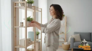 Woman adjusting decor and organizing a home shelf