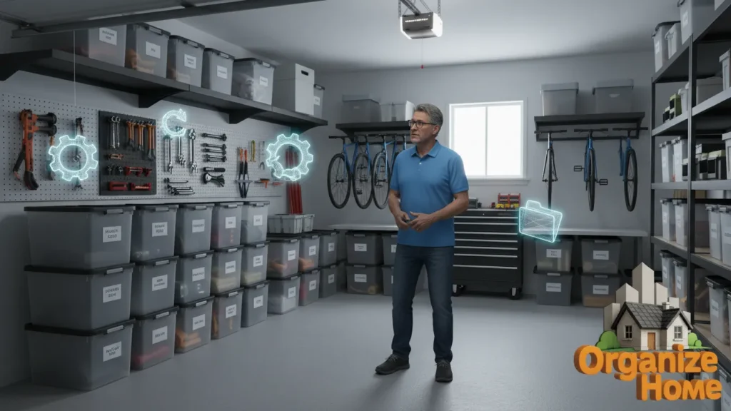 Organized shelving unit with boxes and containers