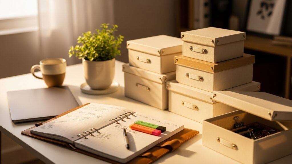 Organized desk with labeled storage boxes and notebooks