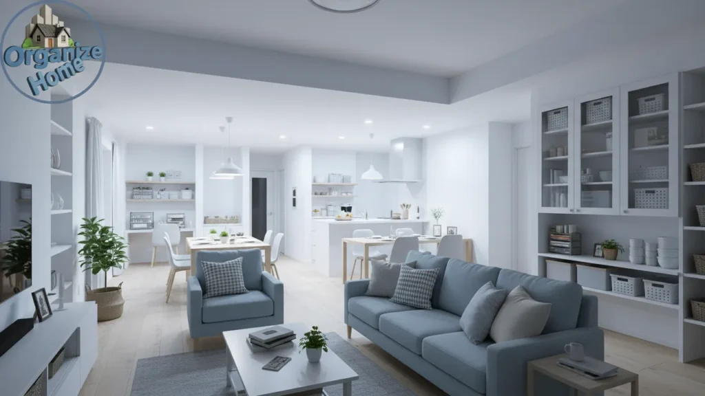 Bright living room with minimal furniture and organization